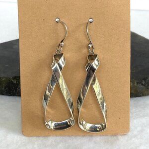 Sterling Silver 925 Mexico HOB 2.36" Modernist Twisted Elongated Hoop Earrings